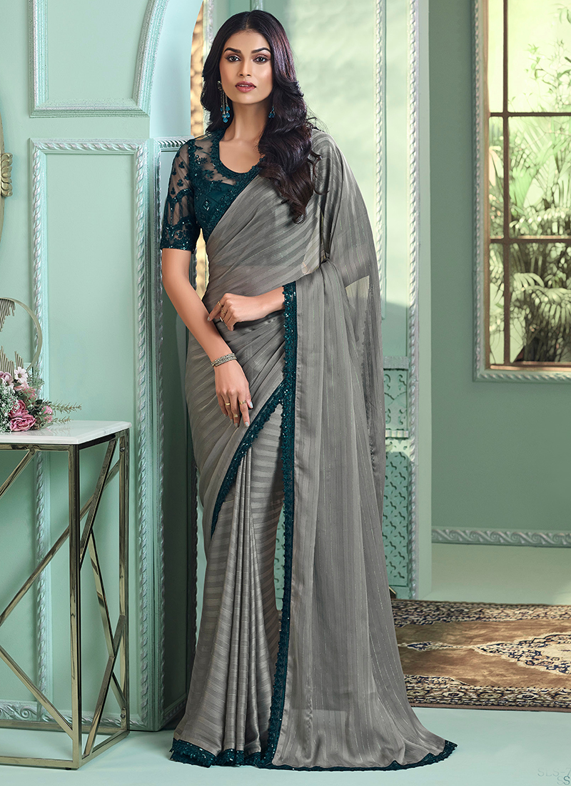 Buy Georgette Grey Party Wear Embroidery Work Saree Online From Wholesale Salwar